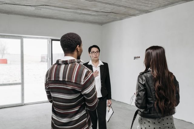 three people talking in an empty room
