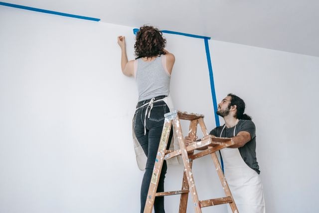 people adding painters tape on a white wall