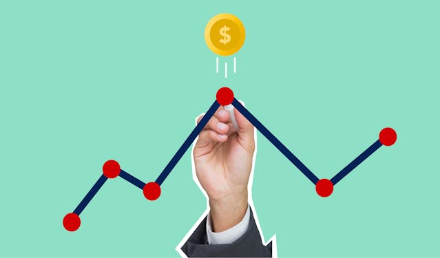 Hand dotting a bar graph at High profit.